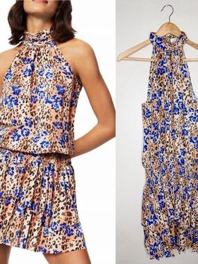 Ramy Brook Delilah Abstract Dress Cheetah Animal Print Cobalt Blue Cocktail